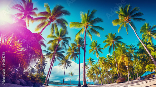 a tropical beach at sunset  towering palm trees  golden sand  vibrant sky with shades of orange and purple  reflections in calm ocean waves