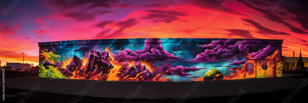 a graffiti mural featuring a political message, expansive wall, vibrant colors, dramatic sunset backlighting - obrazy, fototapety, plakaty 