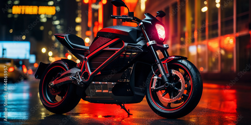 modern electric motorcycle on a neon - lit urban street, sleek, reflective surfaces, atmospheric mist