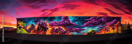a graffiti mural featuring a political message, expansive wall, vibrant colors, dramatic sunset backlighting