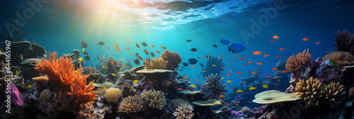 an underwater coral reef in the tropics  myriad of fish swimming among vibrant corals  beams of sunlight piercing the water surface