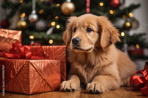 Photo of a dog sitting next to a beautifully decorated Christmas tree created with Generative AI technology