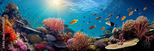 an underwater coral reef in the tropics, myriad of fish swimming among vibrant corals, beams of sunlight piercing the water surface