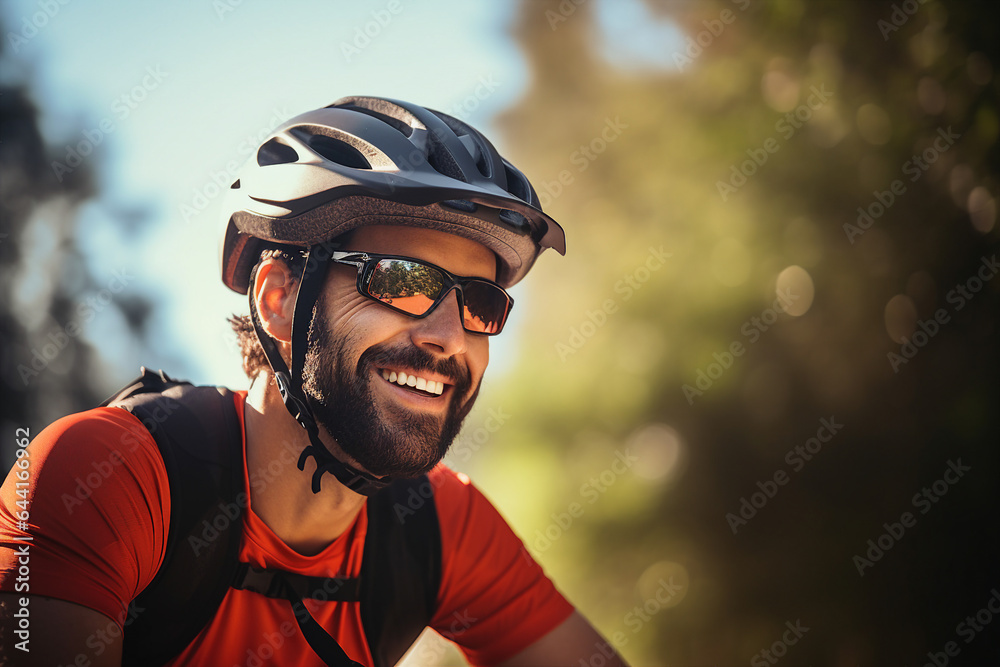Generative AI photograpy of sporty happy man in protective helmet riding park exploring city nature outdoors