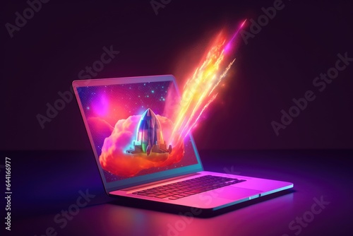 Rocket coming out of laptop screen neon light. beautiful Generative AI AIG32