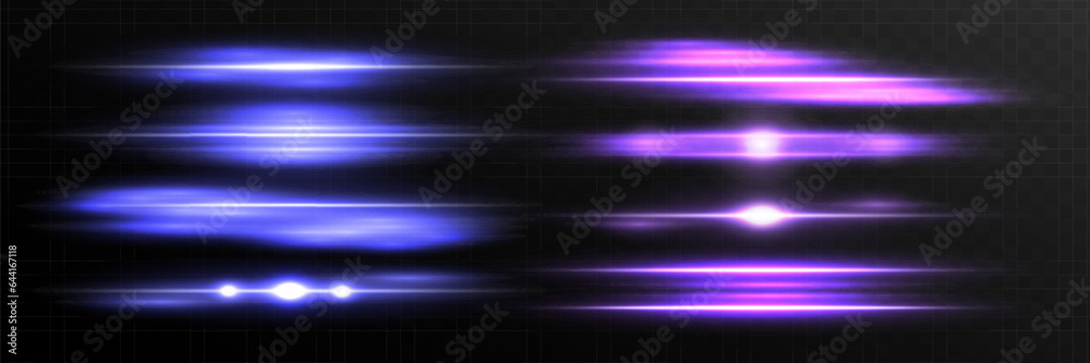 Blue and purple lens flares pack. Laser beams, horizontal light rays ...
