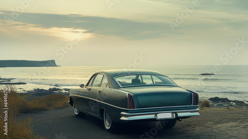 A modern car stands near the seashore against the backdrop of nature and mountains. Cars of the future, automotive industry.