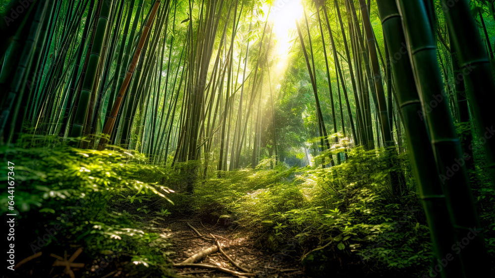 A serene bamboo forest with beauty sunlight. Serenity of nature. Generative AI A serene bamboo forest with beauty sunlight. Serenity of nature. Generative AI