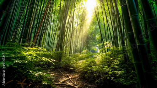 A serene bamboo forest with beauty sunlight. Serenity of nature. Generative AI
