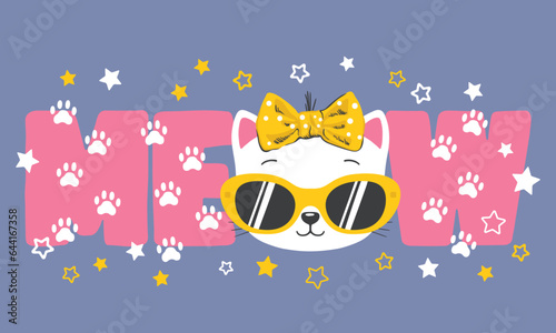 Meow slogan text with cat girl face, sunglasses on dark background for t-shirt graphics, fashion prints and other uses