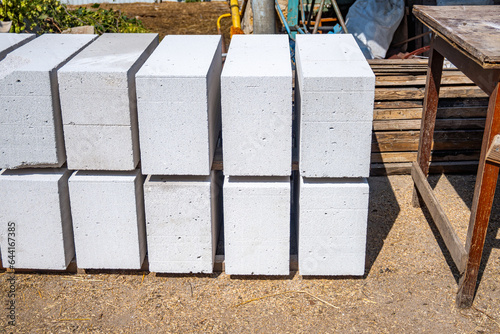 Blocks of aerated concrete close-up. Laying aerated concrete blocks. Construction of aerated concrete blocks, bricks.