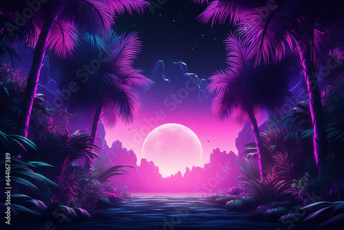 Generative ai collage image picture of mysterious jungle with neon bright vivid lights under night sky