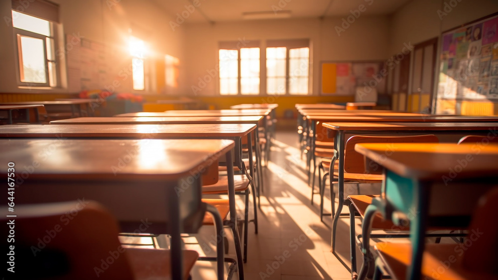 Empty lecture room within a school, illuminated by sunlight. Generative AI