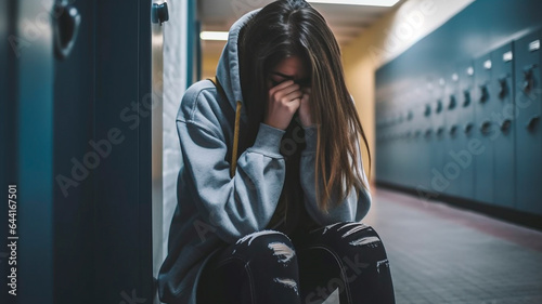 Upset girl sitting at school corridor and crying after bullying. Generative AI