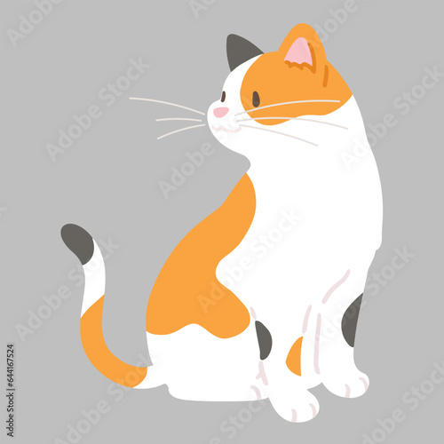 Simple and adorable illustration of calico cat sitting looking sideways flat colored