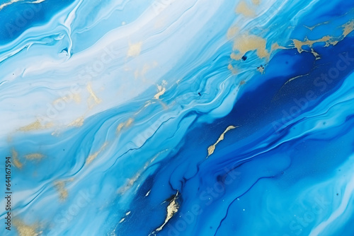 Generative AI banner image of soft blue white color marbled texture and golden lines with liquid fluid