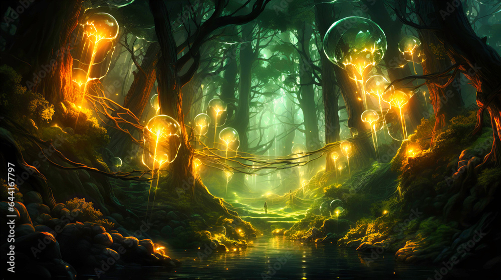 Trails of glowing particles weaving through forests
