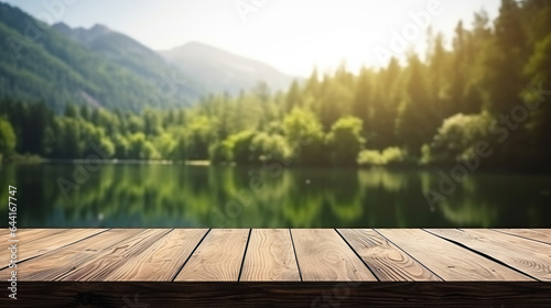 Empty wooden table on forest lake copyspace background. Product display montage