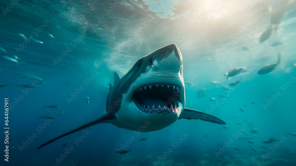 Fototapeta premium Shark attacks at ocean, white shark lunges towards its prey, Generative AI