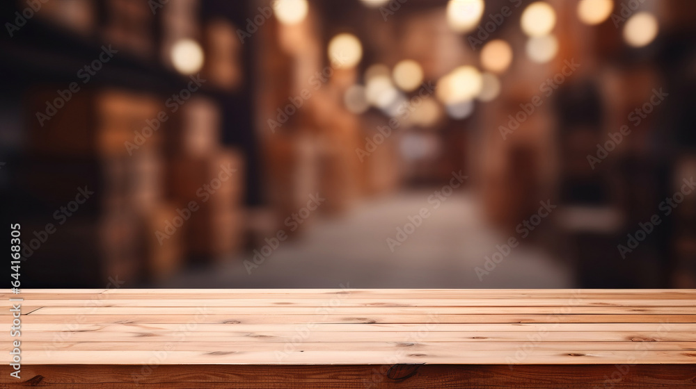 Empty wooden table and blurred bokeh copyspace background. Product display montage