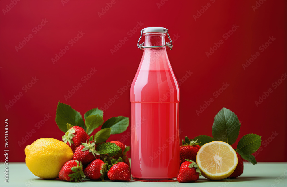 Electrolyte Refreshing strawberry lemonade in a glass bottle, minimalist still life