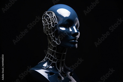 Image realistic render of futuristic machine robot face head automated human assistant generated ai isolated in black color background © Tetiana