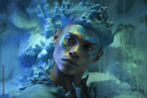 Digital picture of fantastic male character glossy faceart ocean underwater king prince movie hero generative ai