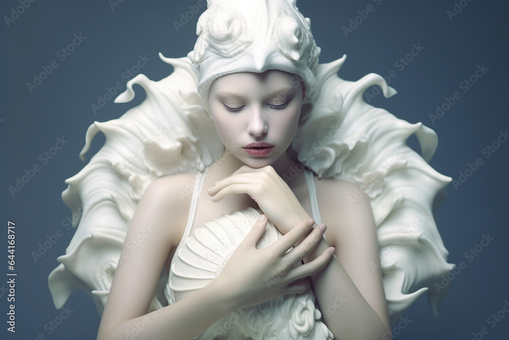 3D modern photo magazine illustration of white skinned personage mythology goddess wear tira diadem made using generative ai