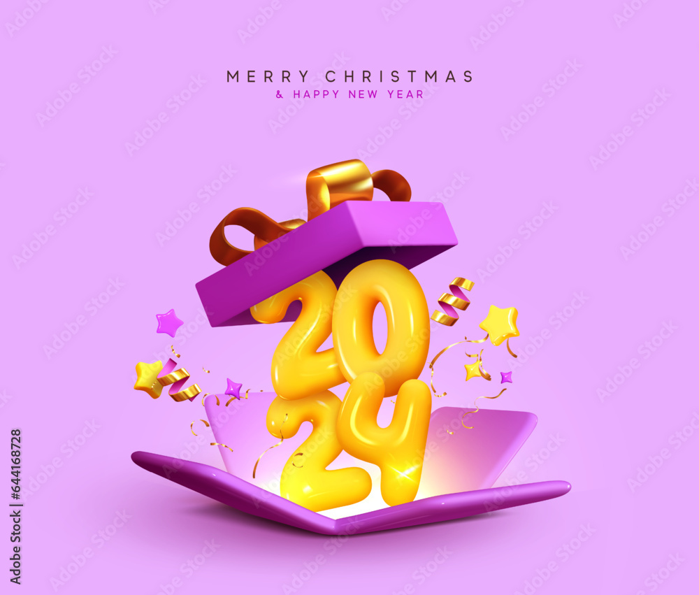 Happy New Year 2024. Realistic 3d open gifts box yellow number sign