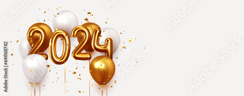 Happy New Year 2024. Realistic gold and white balloons. Background design metallic numbers symbols 2024 and helium ballon on ribbon, glitter golden bright confetti. Vector illustration