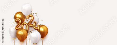 Happy New Year 2024. Realistic gold and white balloons. Background design metallic numbers symbols 2024 and helium ballon on ribbon, glitter golden bright confetti. Vector illustration