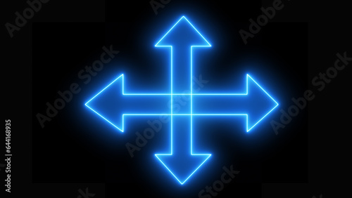 Blue neon arrows or direction icons. Illustration: a neon-glowing directional sign. An attention label glows on the brick wall's background. Right, Left, Up and down neon arrows