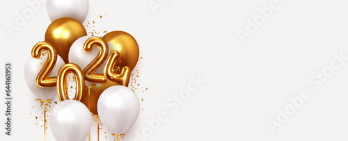 Happy New Year 2024. Realistic gold and white balloons. Background design metallic numbers symbols 2024 and helium ballon on ribbon, glitter golden bright confetti. Vector illustration