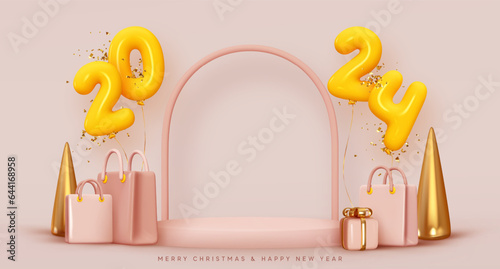Christmas holiday stage podium, round studio for sales presentations realistic 3d design in cartoon style,, Yellow numbers balloons symbols 2024 new year and gift box and shopping bag in beige color
