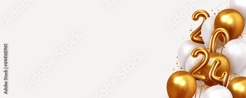 Happy New Year 2024. Realistic gold and white balloons. Background design metallic numbers symbols 2024 and helium ballon on ribbon, glitter golden bright confetti. Vector illustration