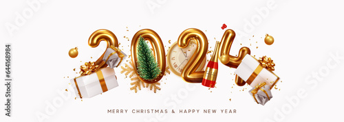 Happy New Year 2024. Golden metal number. Realistic 3d render sign. Festive realistic decoration. Celebrate party 2024, Web Poster, banner, cover card, brochure, flyer, layout design. White background