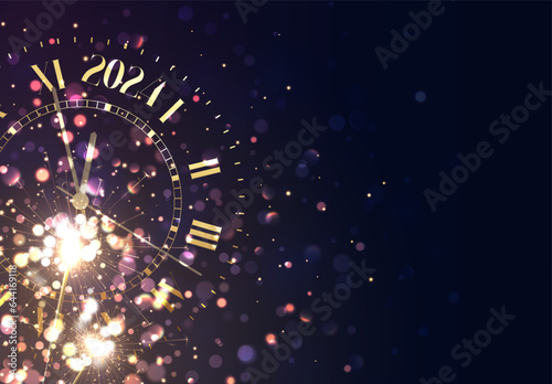 Happy New Years 2024. Background vintage gold shining clock report time five minutes to midnight. Christmas dark blue lilac background with defocused blurred gold light blur bokeh effect and sparklers