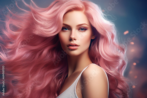 Generative AI portrait of natural beauty woman model demonstrating pink dyed hairstyle