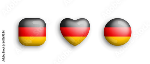 Germany Official National Flag 3D Vector Glossy Icons In Rounded Square, Heart And Circle Shapes Isolated On Background. German Sign And Symbols Graphical Design Elements Volumetric Buttons Collection