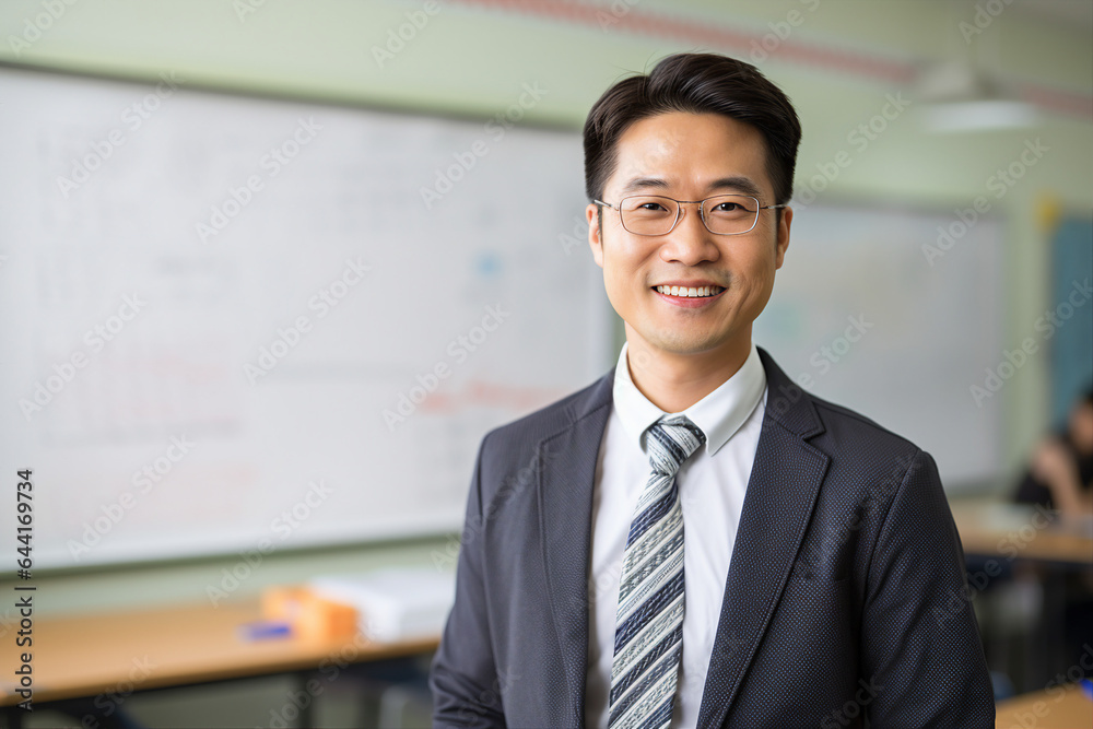 Picture made with generative AI photography of happy successsful man standing in a contemporary office looking at camera