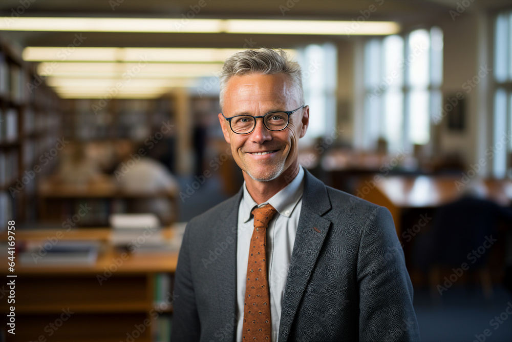 Photo generative AI concept of handsome clever wise man professional lecturer in library bookshelf blurred background Photo generative AI concept of handsome clever wise man professional lecturer in library bookshelf blurred background