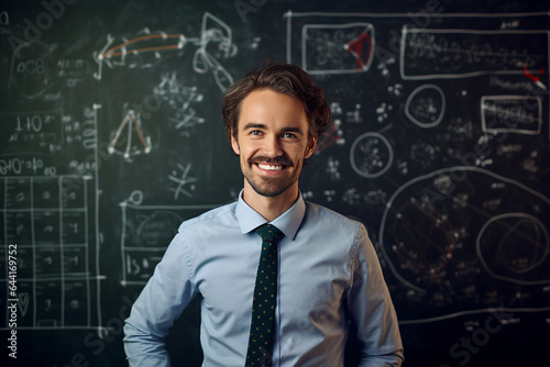 Photo of professional school teacher standing in class room in front of chalkboard with mathematical formulas generative AI © Tetiana