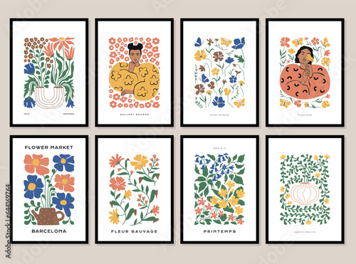 Bohemian collection of woman portrait and botanical illustrations for wall art gallery