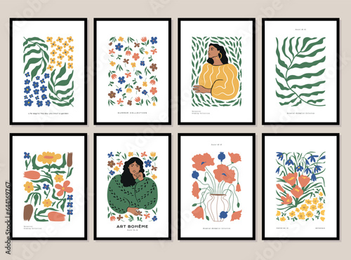 Bohemian collection of woman portrait and botanical illustrations for wall art gallery