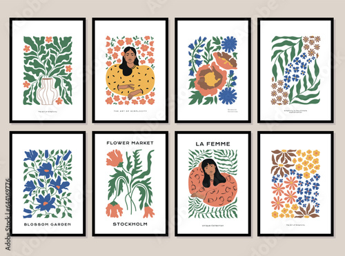 Bohemian collection of woman portrait and botanical illustrations for wall art gallery