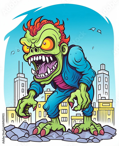 Green color zombie with red clothes, aggressive, attack the city © Peludis