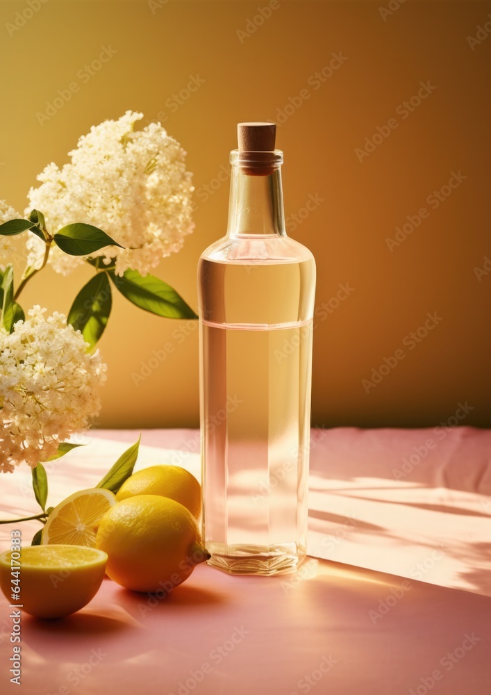 Electrolyte drink Refreshing lemonade with elderberry flowers in a glass bottle, minimalist still life Electrolyte drink Refreshing lemonade with elderberry flowers in a glass bottle, minimalist still life
