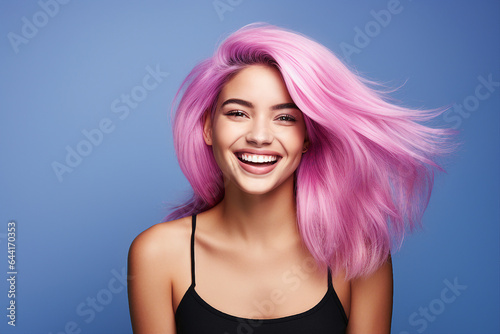 Generative AI picture of young attractive woman with flattering pink long hairstyle