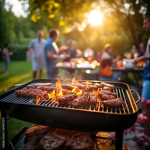 Concept of meeting, friendship, set of people who are gathered to celebrate something with a grill of meats, image created with AI