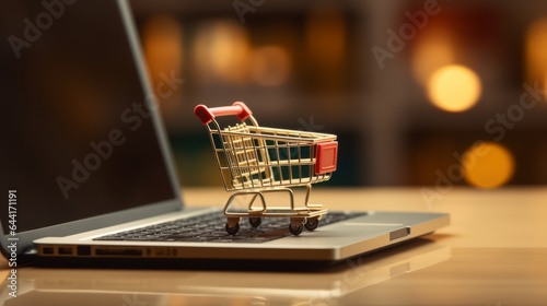 miniature shopping cart on top of a laptop computer